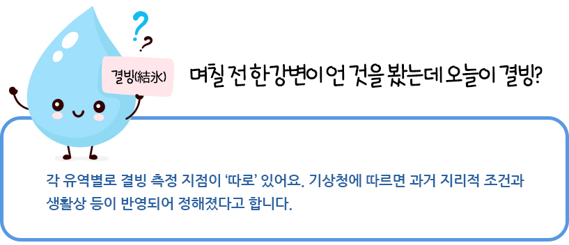 며칠 전 한강변이 언 것을 봤는데 오늘이 결빙?
각 유역별로 결빙 측정 지점이 ‘따로’ 있어요. 기상청에 따르면 과거 지리적 조건과 생활상 등이 반영되어 정해졌다고 합니다.
