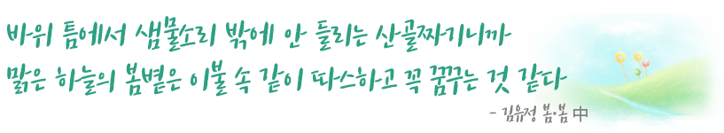 바위 틈에서 샘물소리 밖에 안 들리는 산골짜기니까 맑은 하늘의 봄볕은 이불 속 같이 따스하고 꼭 꿈꾸는 것 같다김유정 봄봄