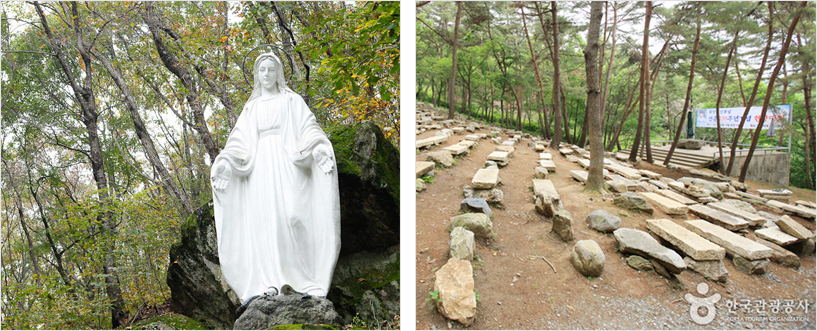 숲속 성모 마리아상과 산상제대가 성스러운 기운을 느끼게 한다