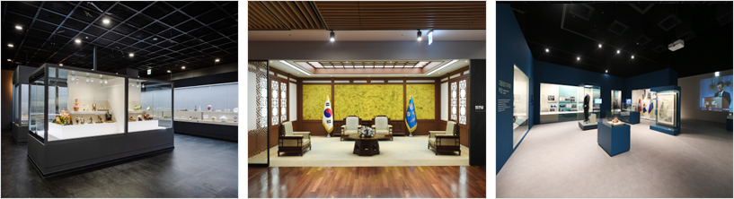 사진설명 (사진 왼쪽) 세계 각국에서 받은 대통령의 선물과 청와대 기념품을 전시한 2층 전시관 (사진 가운데) 대통령 집무실 재현 전시관 (사진 오른쪽) 대통령의 역할을 알 수 있는 4층 전시관 영업시간 : 오전 10시~오후 6시 매주 월요일 휴무, 무료