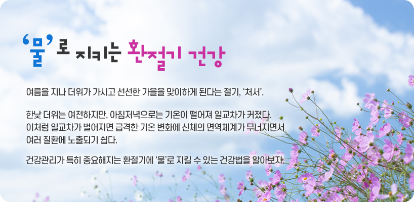 여름을 지나 더위가 가시고 선선한 가을을 맞이하게 된다는 절기, ‘처서’. 한낮 더위는 여전하지만, 아침저녁으로는 기온이 떨어져 일교차가 커졌다.이처럼 일교차가 벌어지면 급격한 기온 변화에 신체의 면역체계가 무너지면서 여러 질환에 노출되기 쉽다. 건강관리가 특히 중요해지는 환절기에 ‘물’로 지킬 수 있는 건강법을 알아보자.