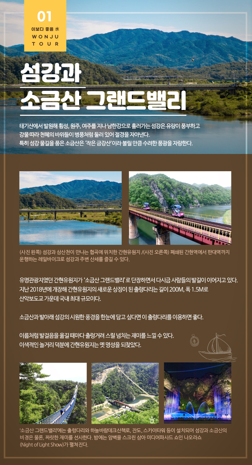 섬강과 소금산 그랜드밸리 태기산에서 발원해 횡성, 원주, 여주를 지나 남한강으로 흘러가는 섬강은 유량이 풍부하고 강물 따라 천혜의 바위들이 병풍처럼 둘러 있어 절경을 자아낸다. 특히 섬강 물길을 품은 소금산은 ‘작은 금강산’이라 불릴 만큼 수려한 풍광을 자랑한다.(사진 왼쪽) 섬강과 삼산천이 만나는 협곡에 위치한 간현유원지 /(사진 오른쪽) 폐쇄된 간현역에서 판대역까지 운행하는 레일바이크로 섬강과 주변 산세를 즐길 수 있다. 유명관광지였던 간현유원지가 ‘소금산 그랜드밸리’로 단장하면서 다시금 사람들의 발길이 이어지고 있다. 지난 2018년에 개장해 간현유원지의 새로운 상징이 된 출렁다리는 길이 200m, 폭 1.5m로 산악보도교 가운데 국내 최대 규모이다. 소금산과 발아래 섬강의 시원한 풍경을 한눈에 담고 싶다면 이 출렁다리를 이용하면 좋다. 이름처럼 발걸음을 옮길 때마다 출렁거려 스릴 넘치는 재미를 느낄 수 있다. 이색적인 놀거리 덕분에 간현유원지는 옛 명성을 되찾았다.