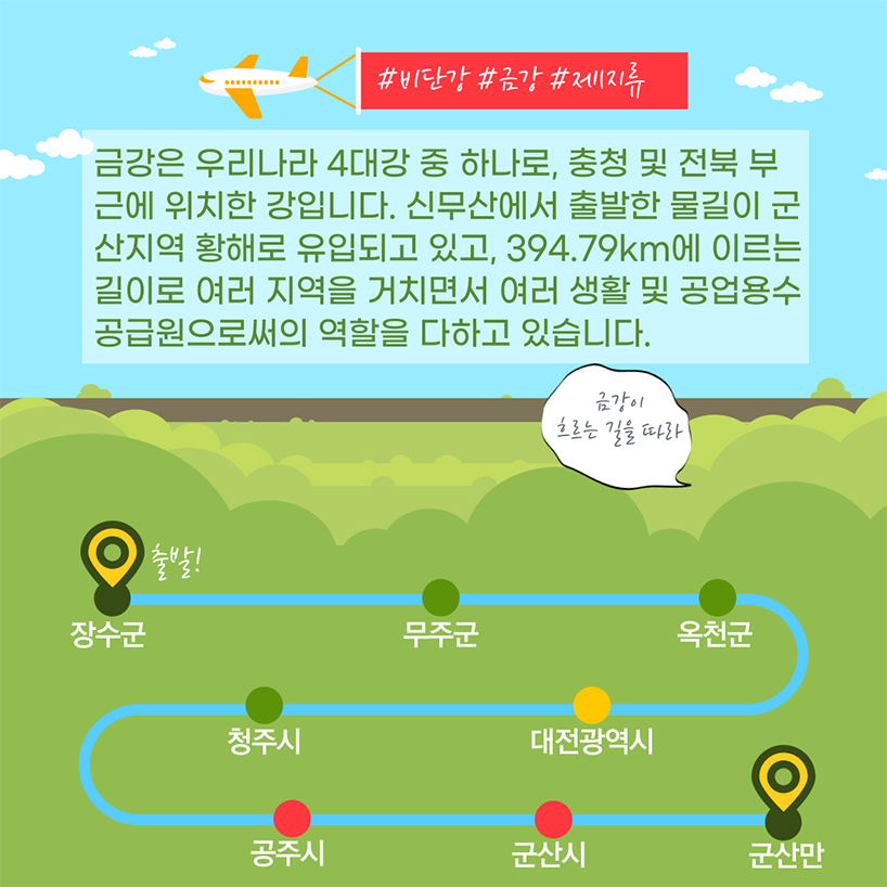금강은 우리나라 4대강 중 하나로, 충청도와 전라북도 부근에 있는 강입니다. 신무산에서 출발한 물길이 군산지역 황해로 유입되고 있고, 394.79km에 이르는 길이로 여러 지역을 거치면서 여러 생활 및 공업용수 공급원으로써의 역할을 다하고 있습니다.