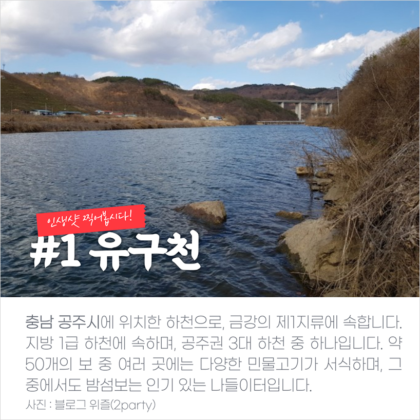 첫 번째 하천은 유구천입니다. 충남 공주시에 있는 하천으로, 금강의 제1지류에 속합니다. 지방 1급 하천에 속하며, 공주권 3대 하천 중 하나입니다. 약 50개의 보 중 여러 곳에는 다양한 민물고기가 서식하며, 그중에서도 밤섬보는 인기 있는 나들이터입니다.